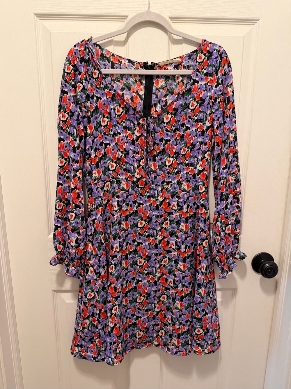 Long-Sleeve Floral V-Neck Dress in Purple and Red